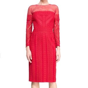 TADASHI SHOJI The Lulu Lace Overlay Sheer Long Sleeve MIDI Dress Red SZ: 12